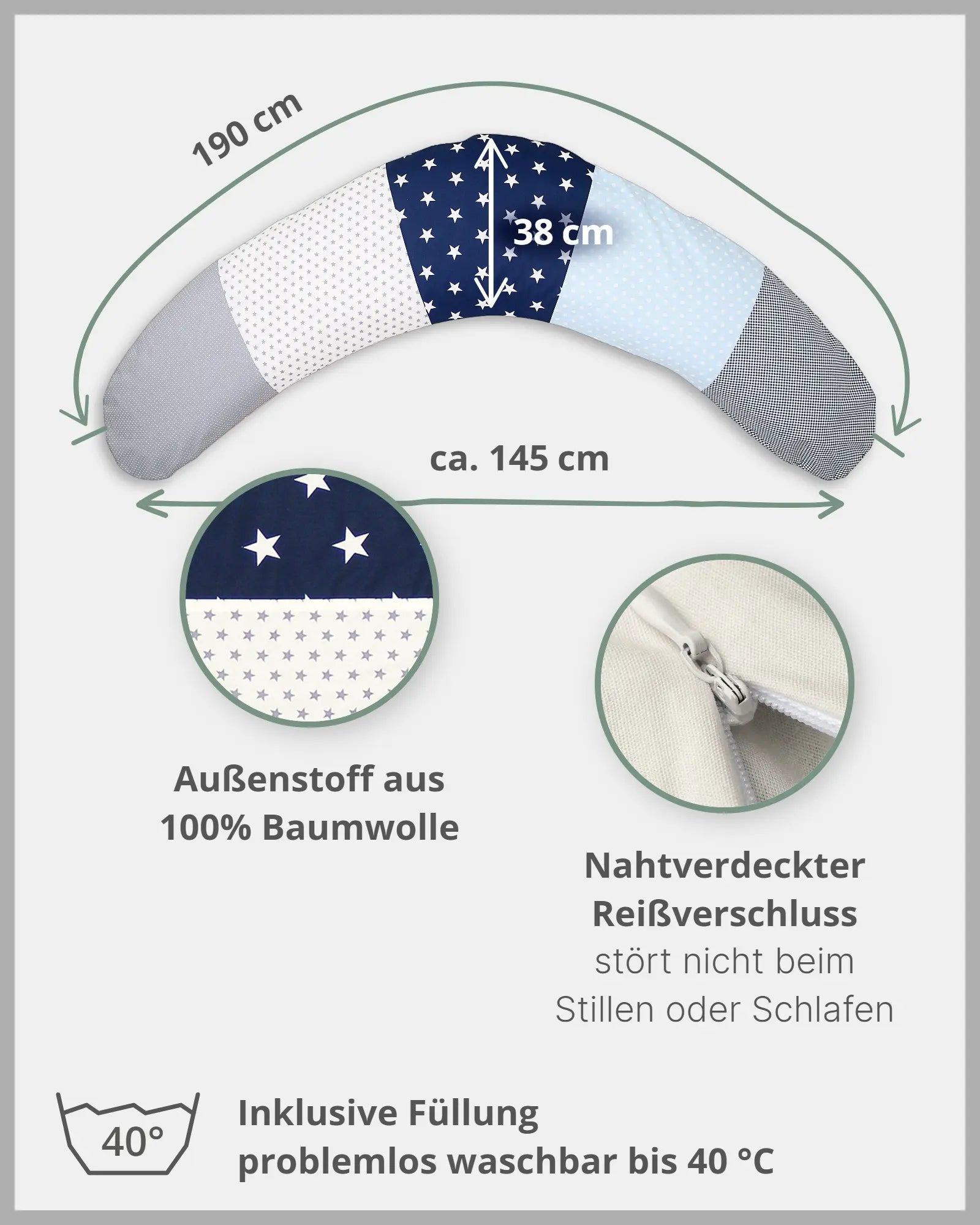 190 cm Stillkissen Blau Hellblau Grau