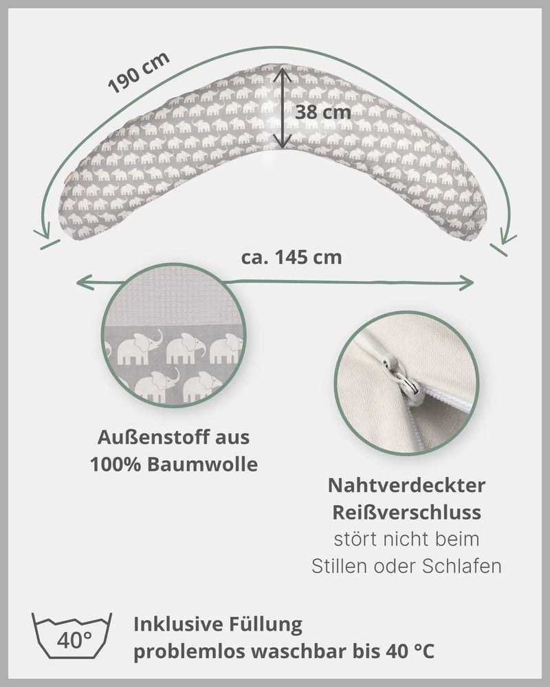 190 cm Stillkissen GRAU ELEFANT-ULLENBOOM Baby