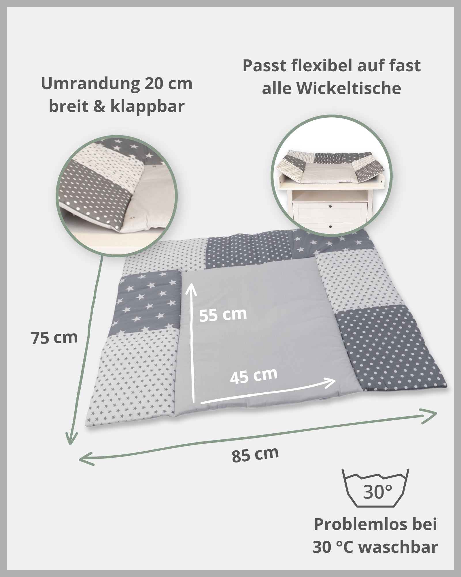 Wickelauflage Grau Sterne-ULLENBOOM Baby