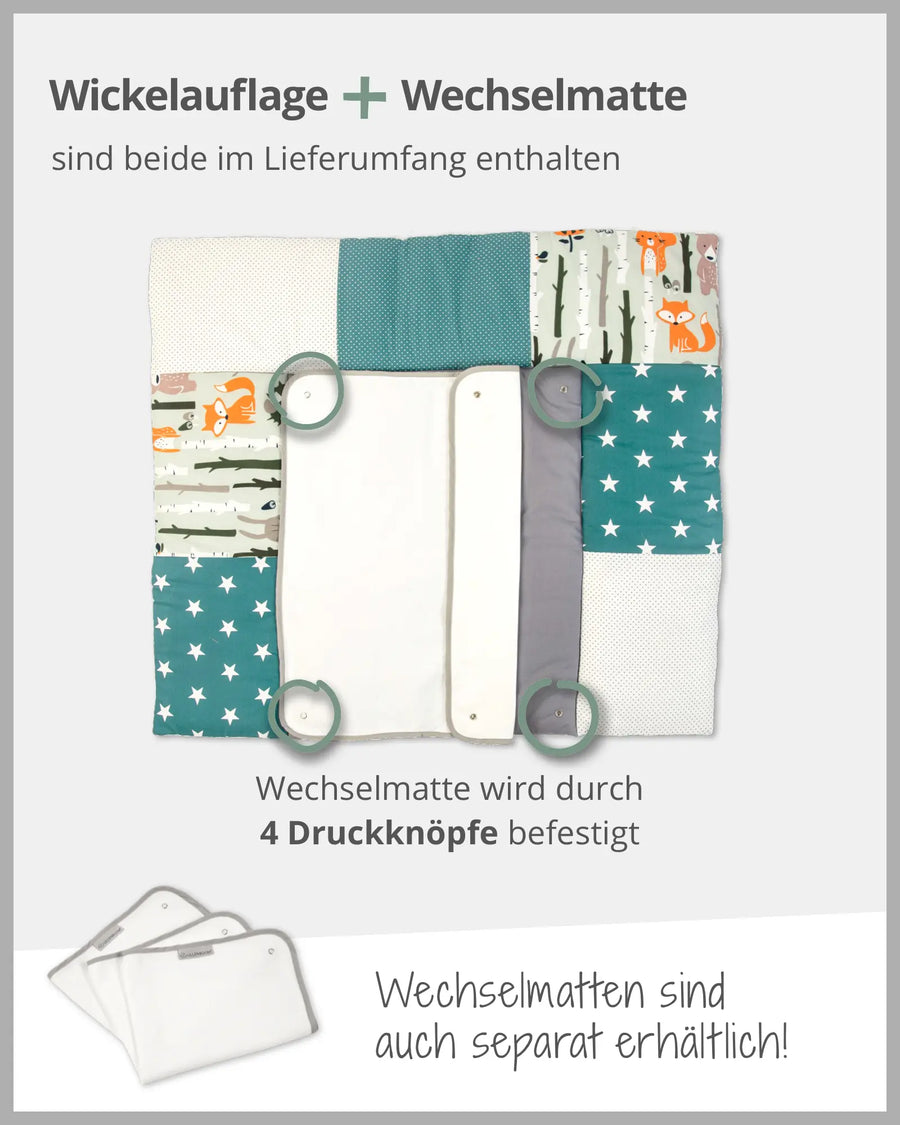 Wickelauflage mit Wechselmatte Waldtiere Petrol-Wickelauflagen mit Wechselmatten-ULLENBOOM Baby
