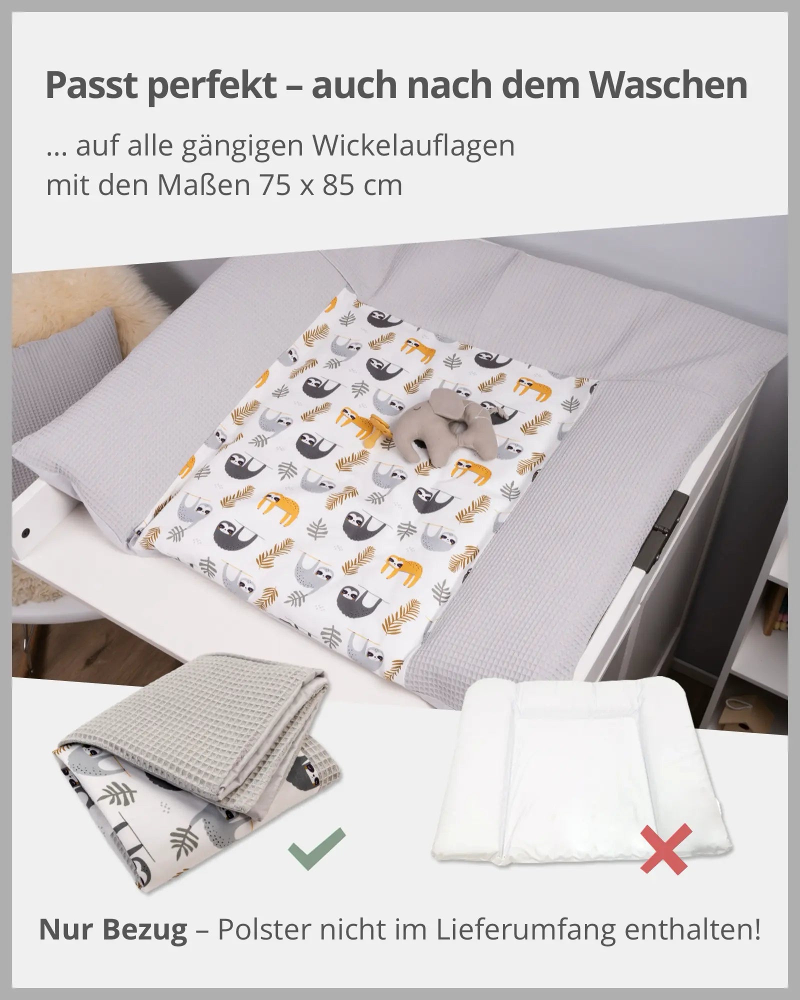 Wickelauflagen-Bezug Grau Faultiere-ULLENBOOM Baby