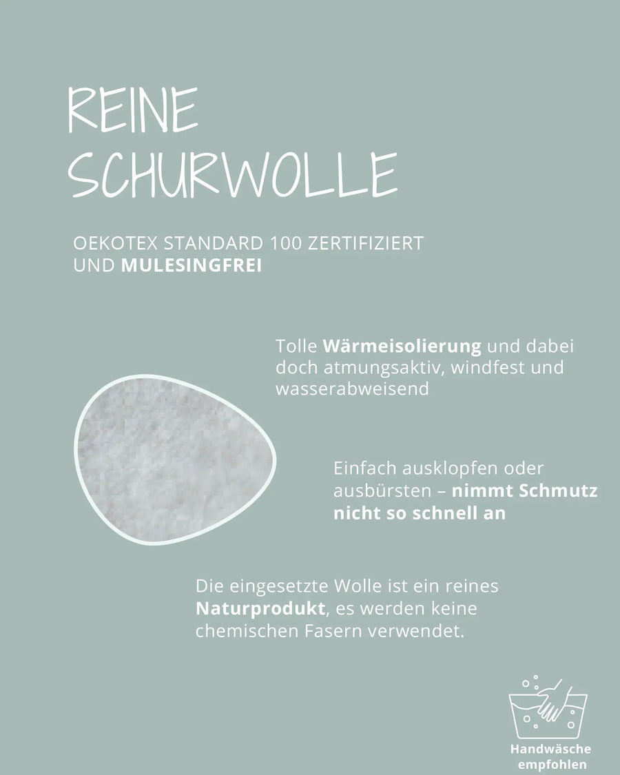 100 % mulesingfreie Schurwolle, temperaturregulierend und atmungsaktiv