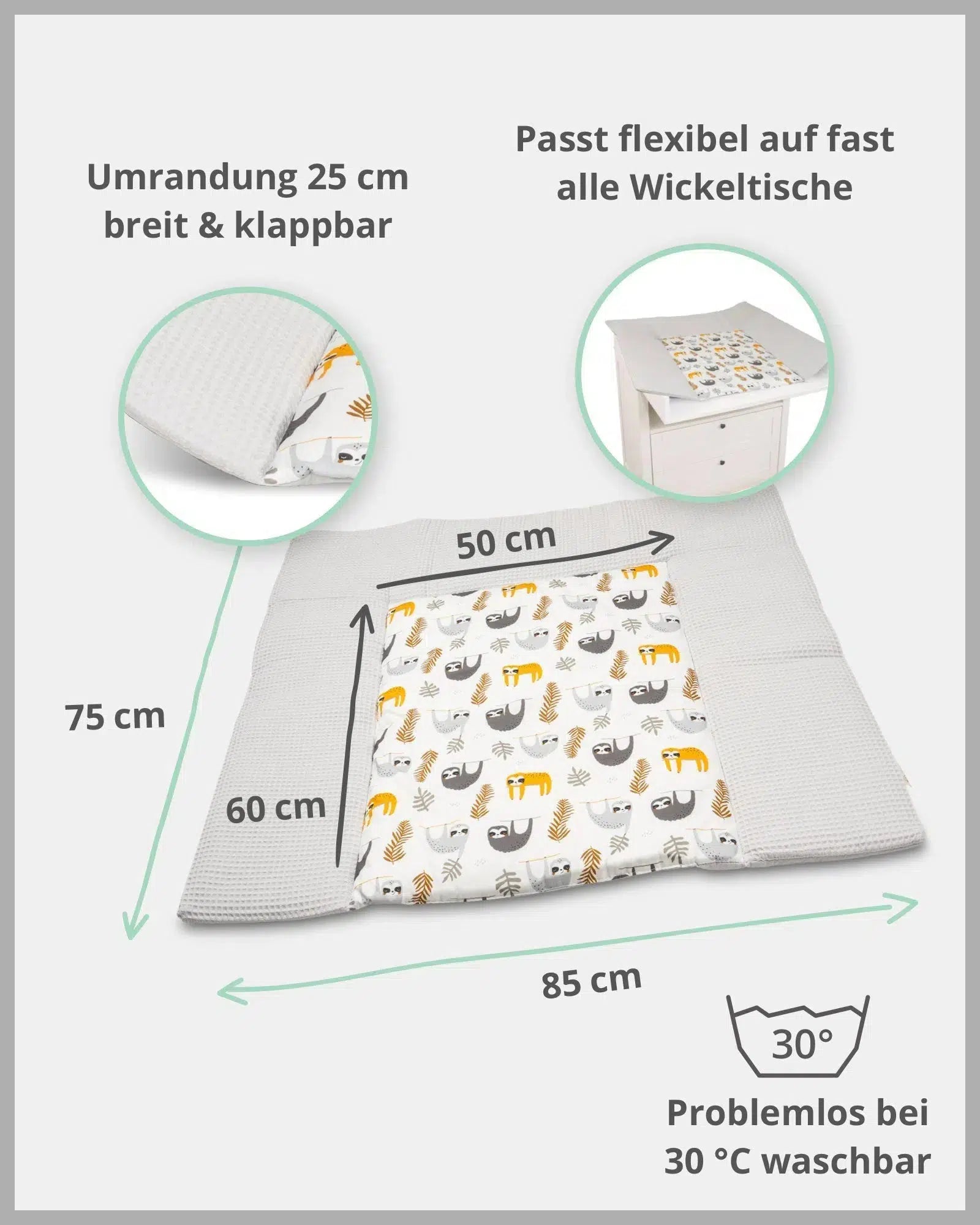 Wickelauflage Waffelpiqué Motiv GRAU FAULTIERE-ULLENBOOM-75 x 85 cm-ULLENBOOM Baby