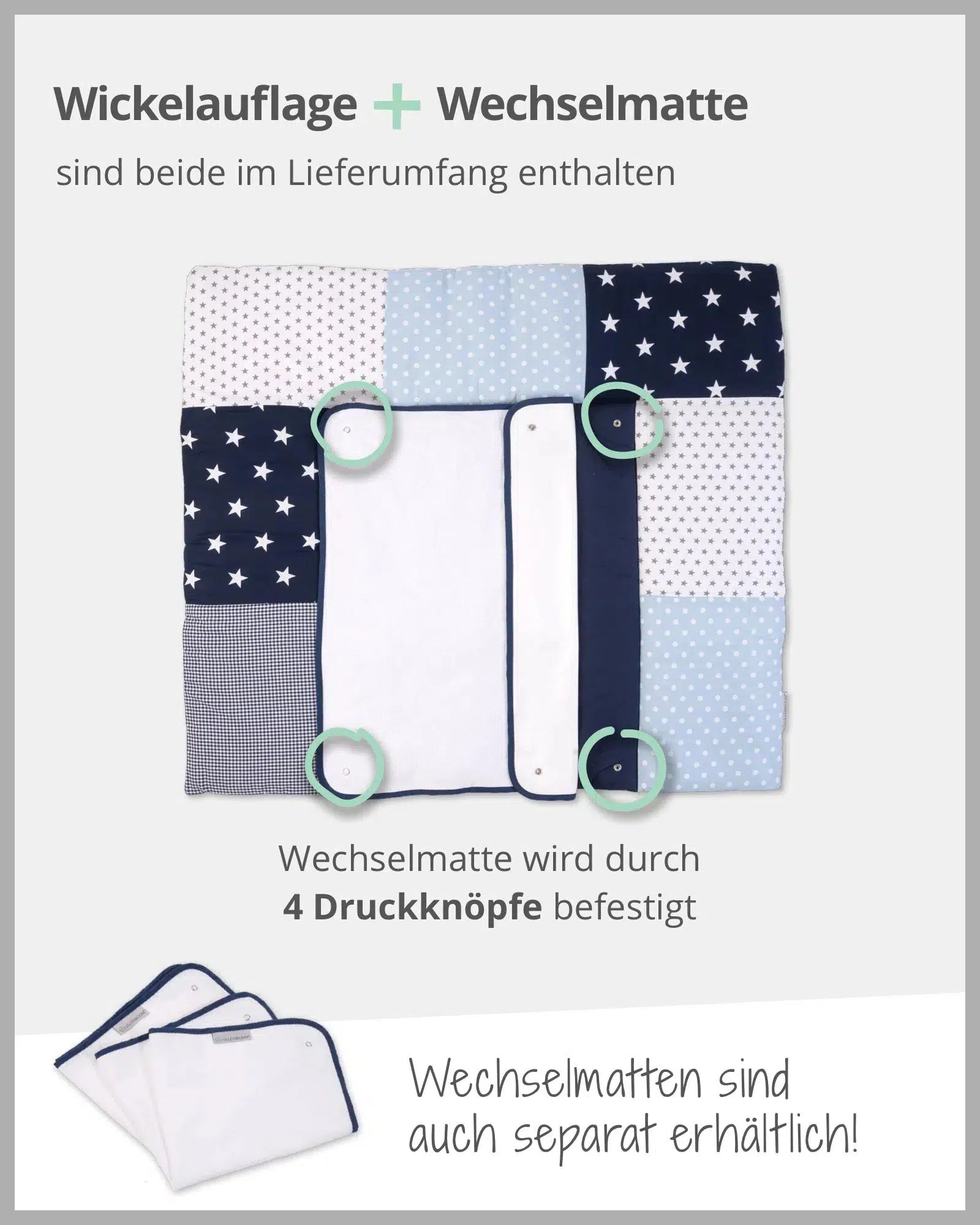 Wickelauflage mit Wechselmatte Patchwork BLAU HELLBLAU GRAU-ULLENBOOM-75 x 85 cm-ULLENBOOM Baby