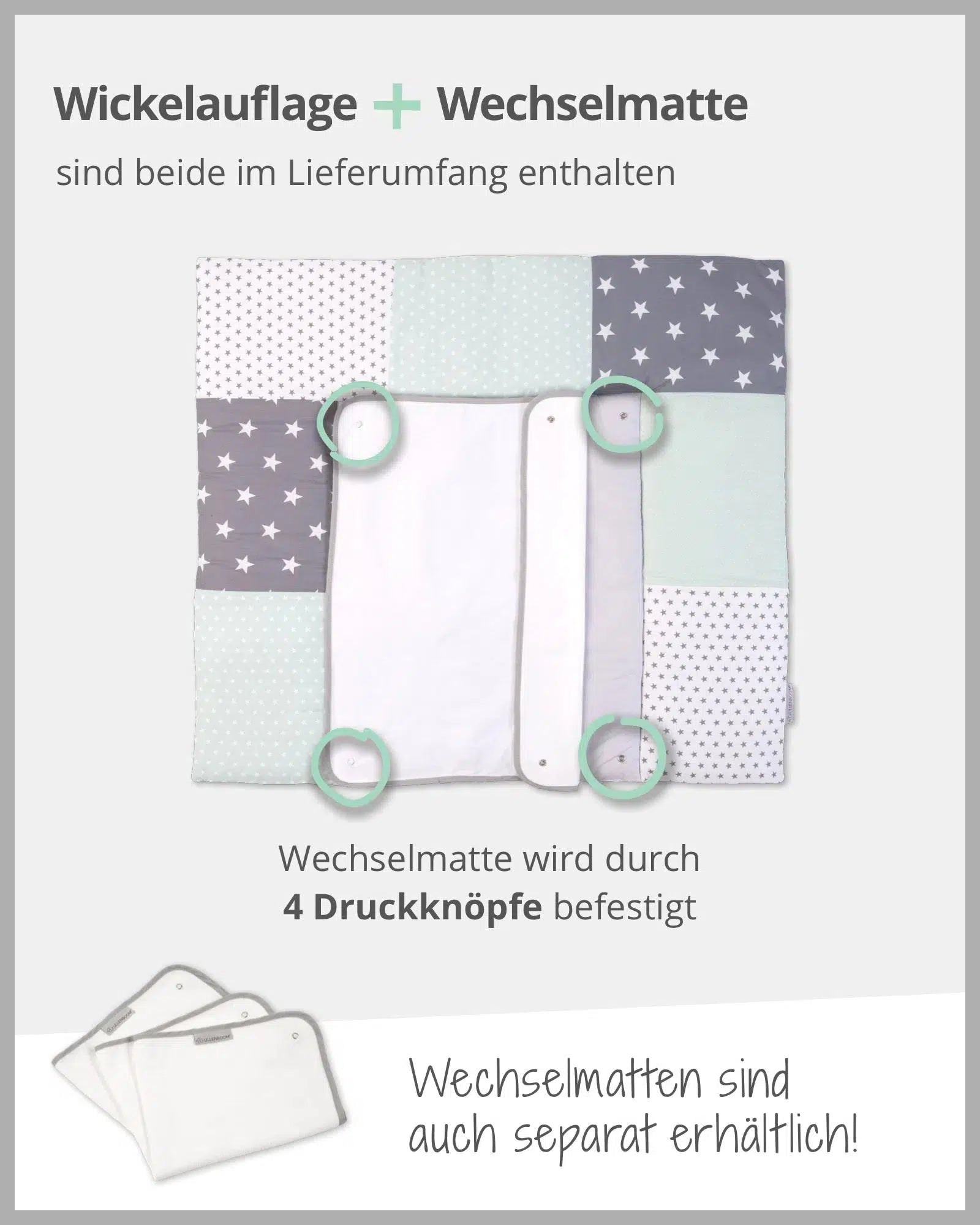 Wickelauflage mit Wechselmatte Patchwork MINT GRAU-ULLENBOOM-75 x 85 cm-ULLENBOOM Baby