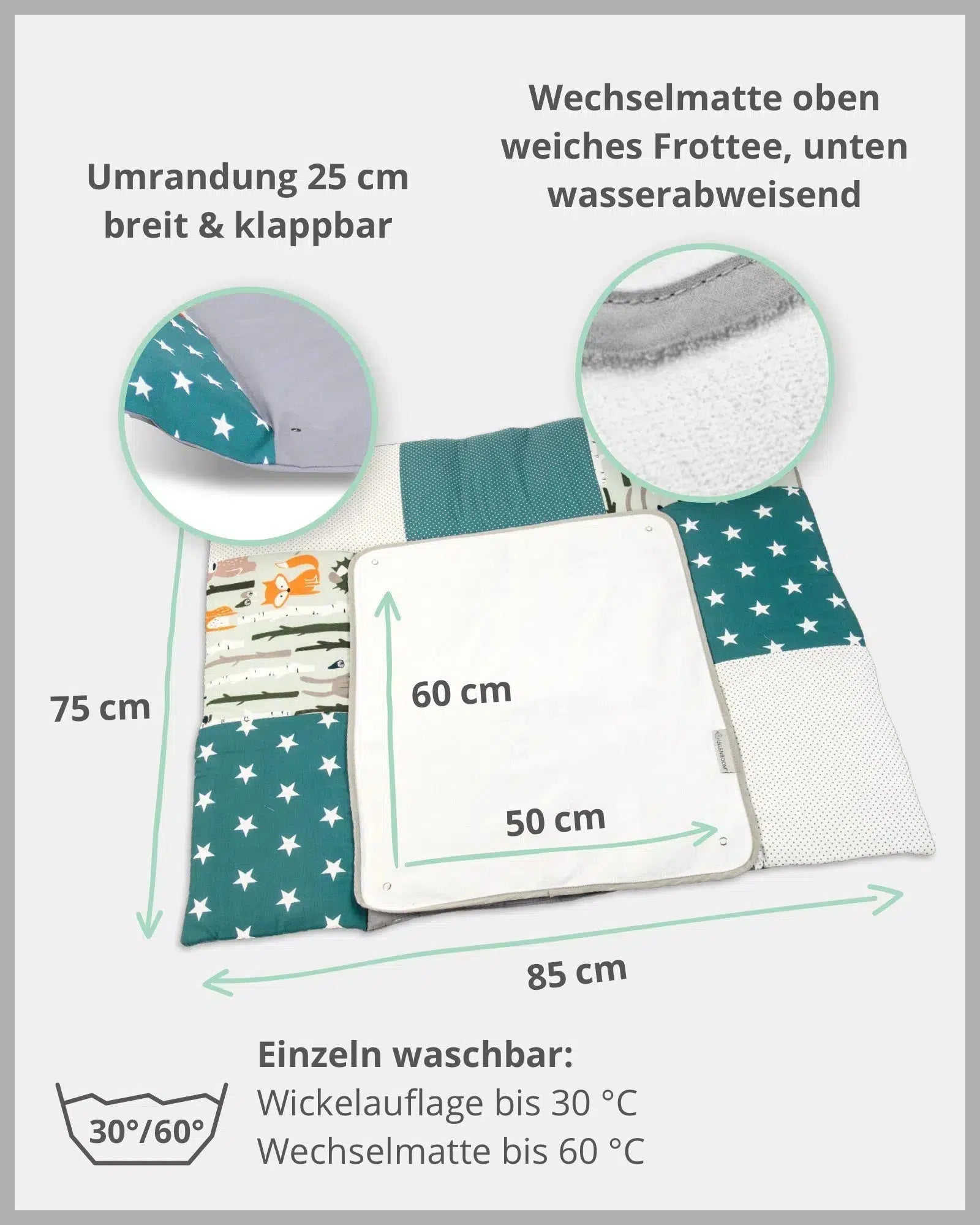 Wickelauflage mit Wechselmatte Patchwork WALDTIERE PETROL-ULLENBOOM-75 x 85 cm-ULLENBOOM Baby