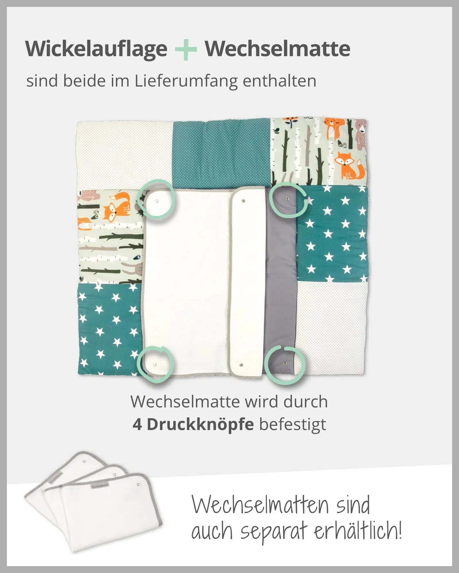 Wickelauflage mit Wechselmatte Patchwork WALDTIERE PETROL-ULLENBOOM-75 x 85 cm-ULLENBOOM Baby