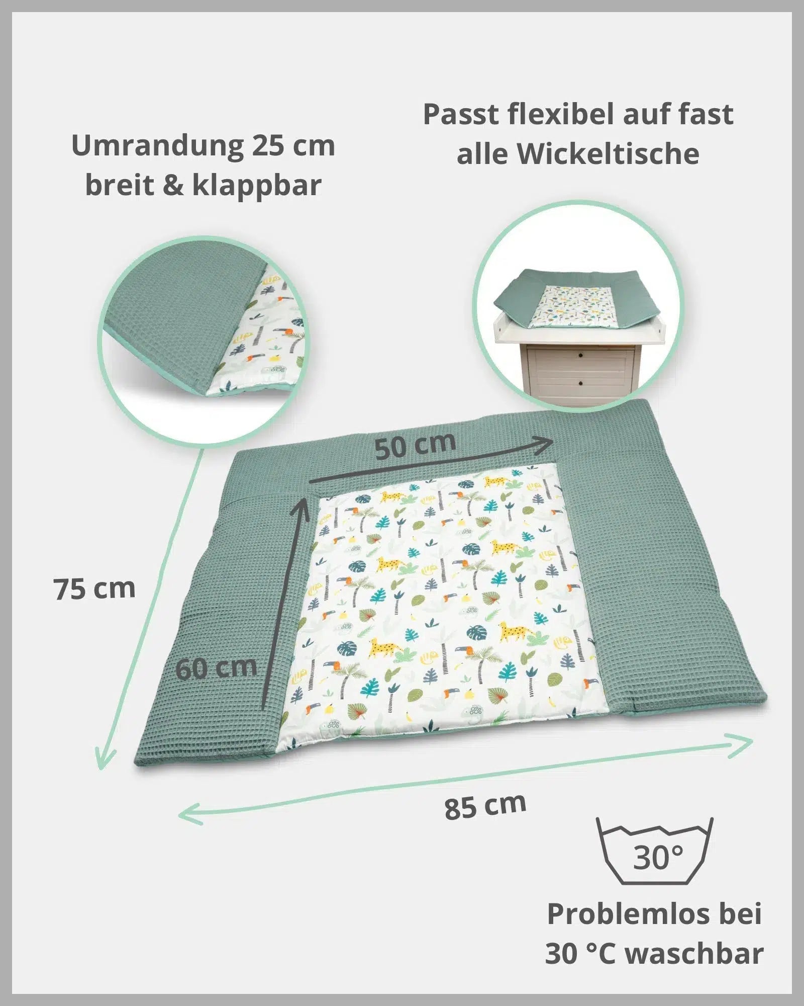 Wickelauflage Waffelpiqué Motiv SALBEIGRÜN REGENWALD-ULLENBOOM-75 x 85 cm-ULLENBOOM Baby