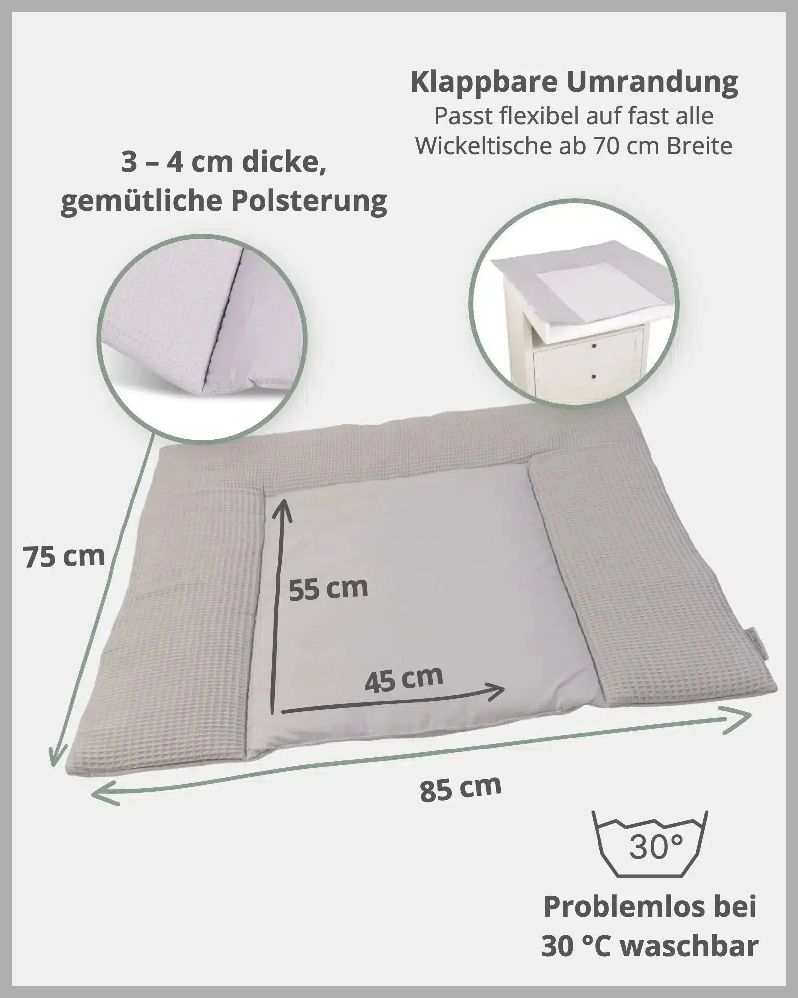 Wickelauflage Waffelpiqué GRAU-ULLENBOOM Baby-75 x 85 cm-ULLENBOOM Baby