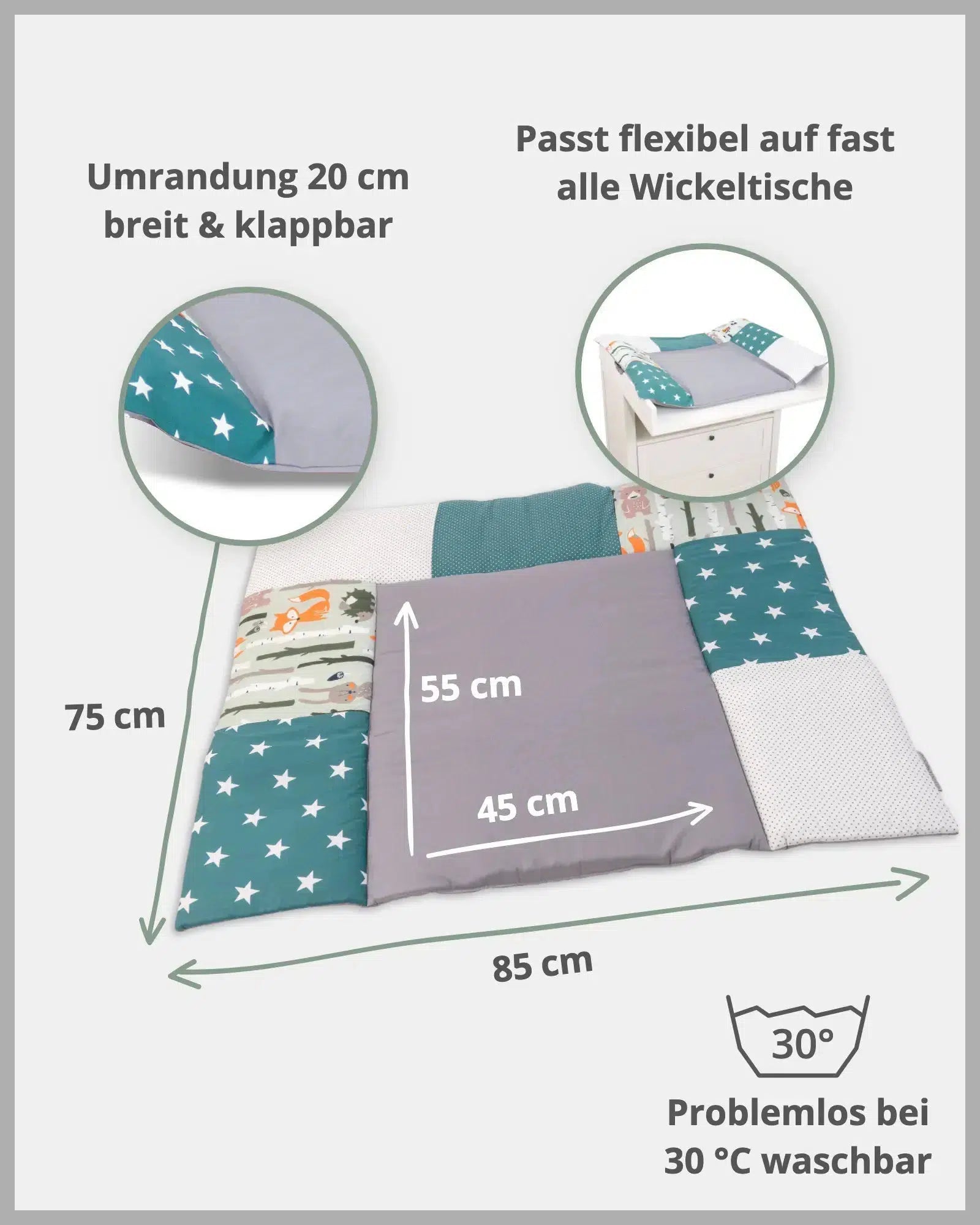 Wickelauflage WALDTIERE PETROL-ULLENBOOM Baby-75 x 85 cm-ULLENBOOM Baby