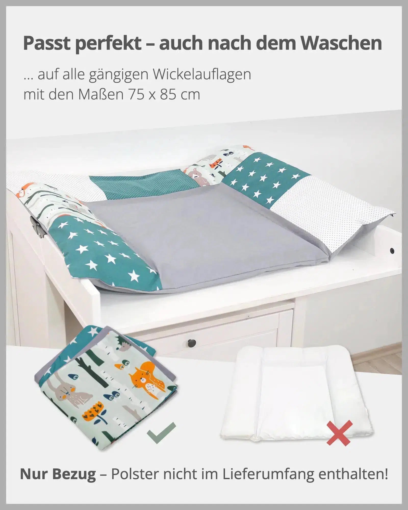 Wickelauflagen-Bezug WALDTIERE PETROL-ULLENBOOM Baby-75 x 85 cm-ULLENBOOM Baby