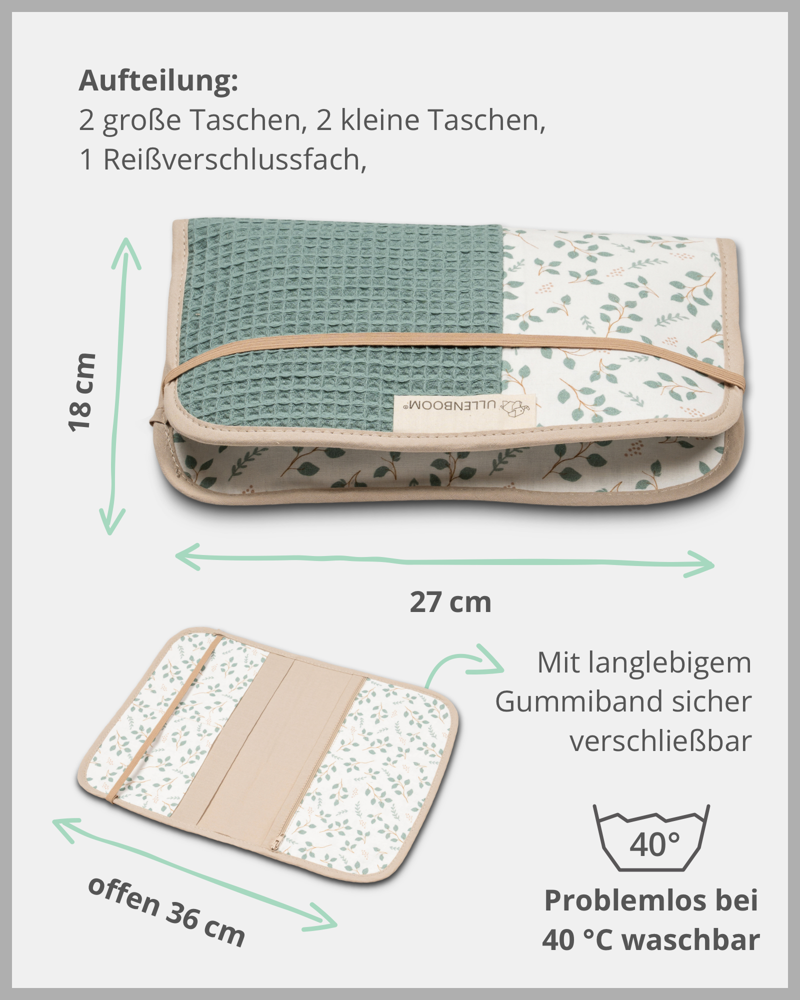 Windeltasche Waffelpiqué Motiv FLORAL GRÜN-ULLENBOOM-18 x 27 cm-ULLENBOOM Baby