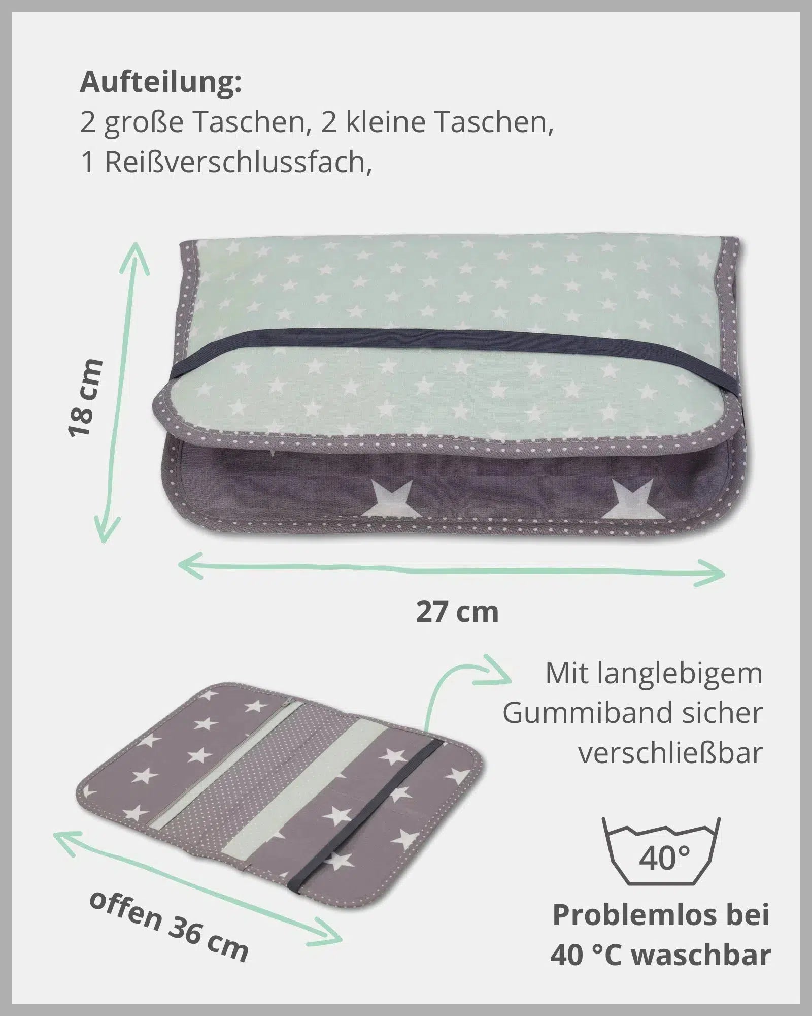 Windeltasche Patchwork MINT GRAU-ULLENBOOM-18 x 27 cm-ULLENBOOM Baby